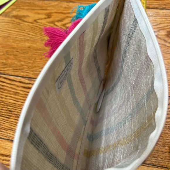 Mud Pie new with tag striped jute bag.  Green, pink, black gold. Pompom tassles. - Picture 10 of 10